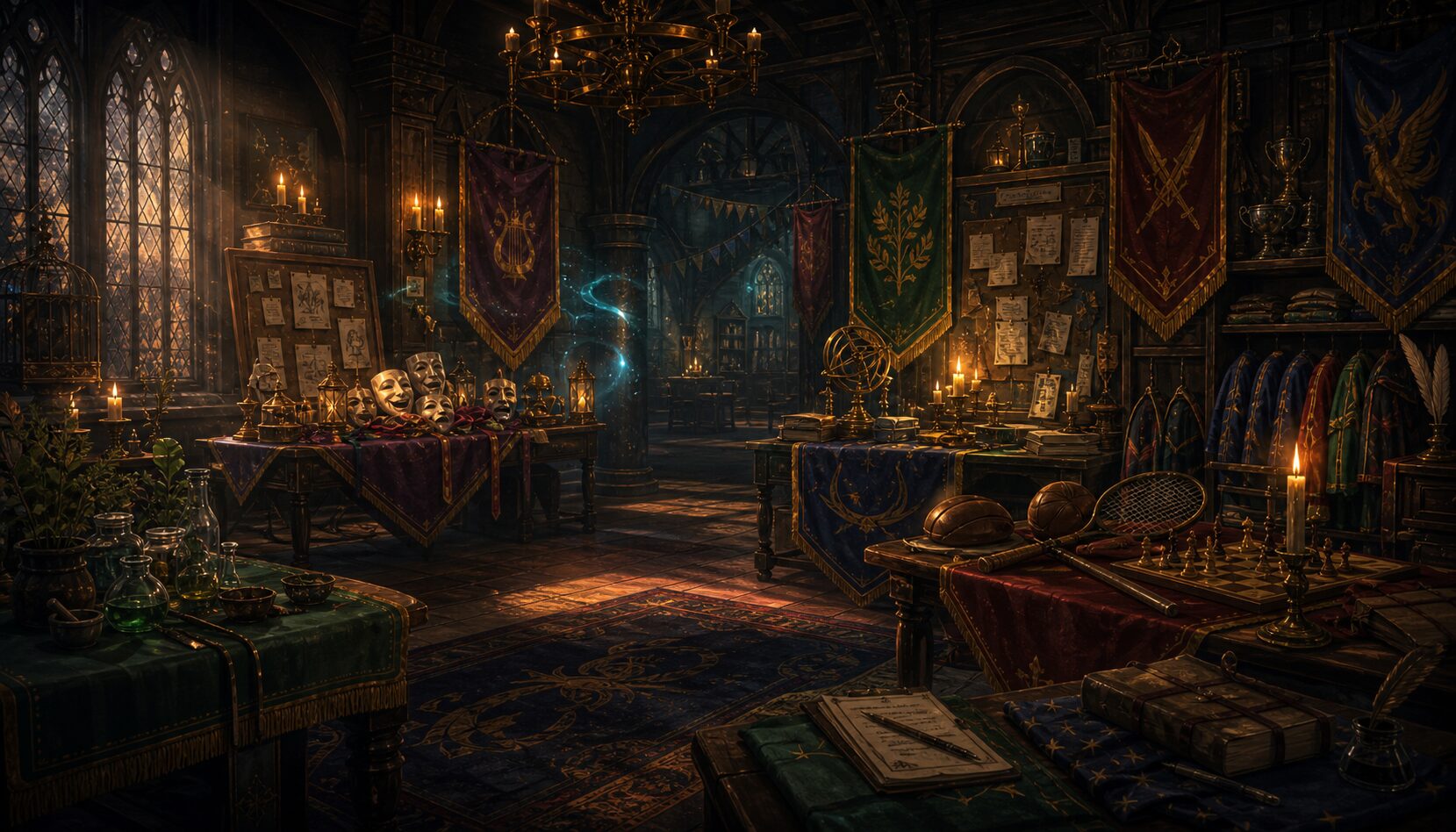 The Lumen Eyrie club hall, crowded with banners, instruments, and gear from dozens of different student societies