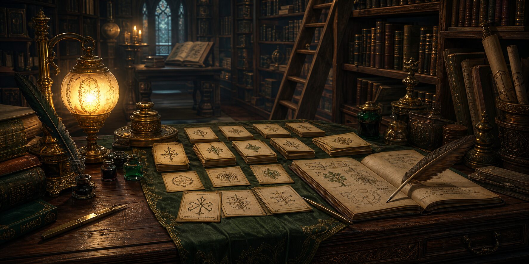 Lexid morpheme cards laid out on a scriptorium table beside an open grimoire and quill