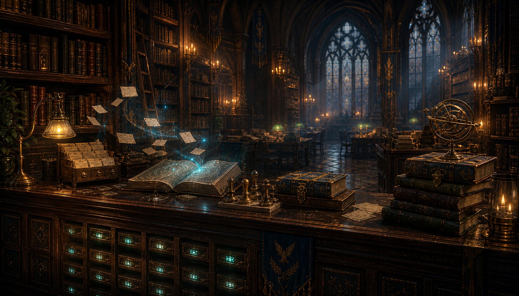 The grand library of Lumen Eyrie Academy, warmly lit with towering shelves and stained-glass windows